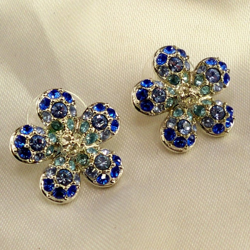 NEW Nolan Miller Blue & Aquamarine Crystal Flower Silver Earrings